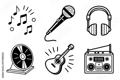 A collection of musical instruments and symbols isolated on white