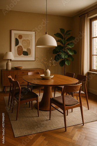 Mid-century modern dining room, warm tones, natural light, wooden table and chairs, minimalist decor.