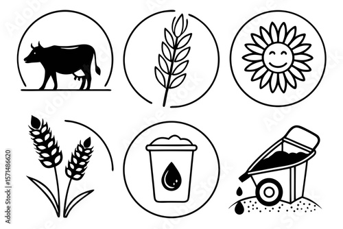 A black and white illustration of agriculture and farming symbols