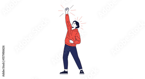 An animated person in a red hoodie and blue pants raises a hand triumphantly in the air with a bright starburst of colorful confetti showering down around them