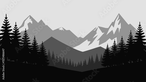 Striking monochrome mountain vista artfully depicted with layered peaks and silhouetted evergreen trees lending a minimalist aesthetic.