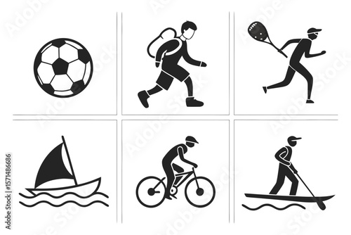 Black and white icons of sports and recreational activities