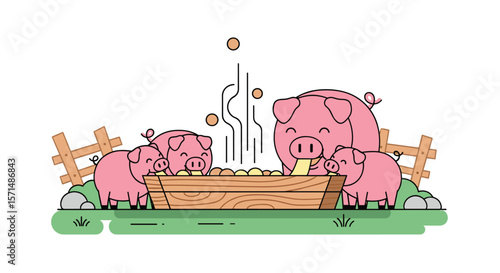 Cute cartoon illustration of a family of pigs happily eating from a wooden trough in a farmyard setting with a wooden fence and grassy ground