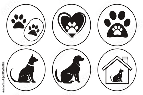 Six animal icons show paw prints, a heart, dogs, and a pet house
