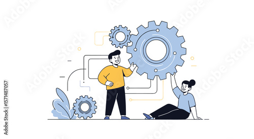 Two people working together as a team to assemble large gears illustrating collaboration and process improvement