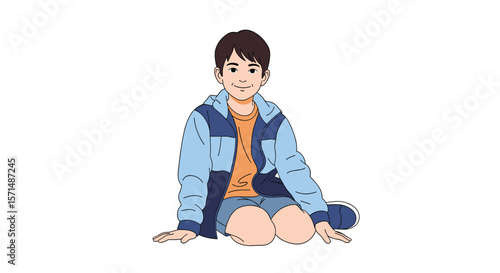 Joyful young boy dressed in casual attire sitting down with a big smile