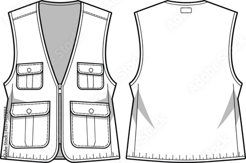  Men's Multi-Pocket Vest CAD Drawing: Flat Vector Illustration for Apparel Design, Technical Specifications, and Outdoor Workwear Mockups
