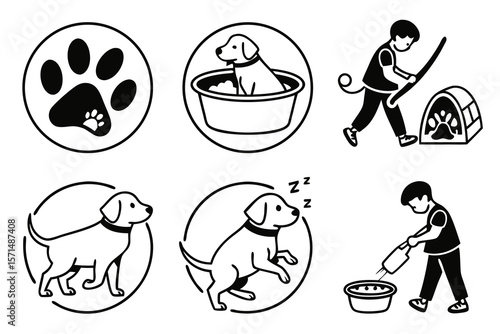 Dog icons show paw prints, bathing, playing, and a boy cleaning