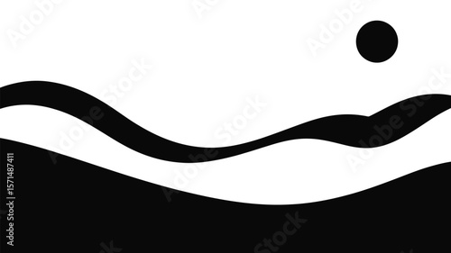 Minimalist black and white landscape art evokes a peaceful and serene feeling with its stylized hills and a symbolic sun.