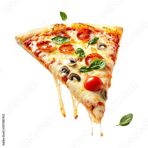 Delicious pizza slice with toppings floating in the air isolated on transparent white background, clipping path