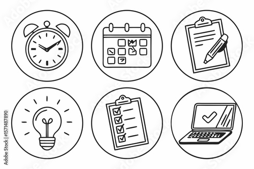 Business icons show time management, ideas, and computer tasks
