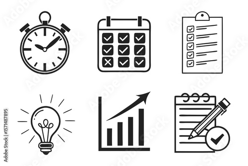 Business icons show time management, ideas, and progress