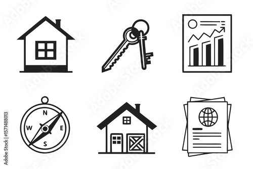 Real estate icons show houses, keys, compass, and documents