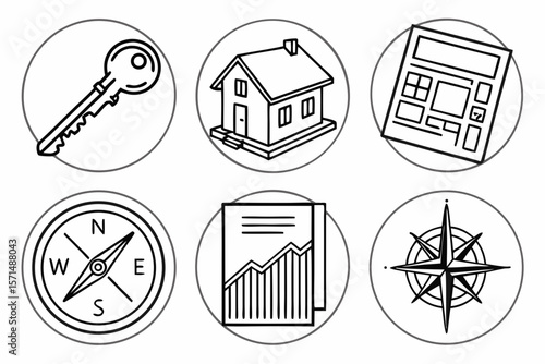 Real estate icons show keys, houses, calculator, and compass