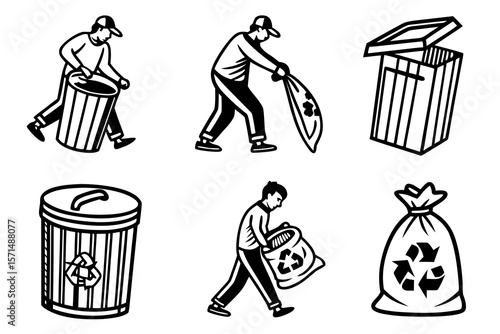 Man collecting trash in bags and bins isolated on white background