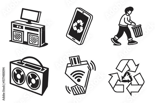 Man throwing electronics into recycling bin isolated on white background