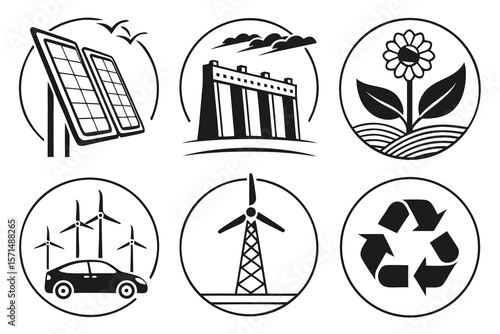 Black and white icons show renewable energy sources in circles