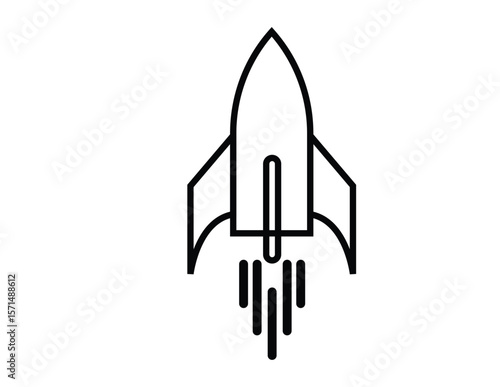 Simple black line art rocket ship launching with exhaust trails isolated on white background