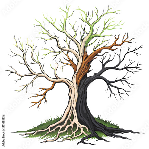 A skeletal walking tree, bone structure, rotting bark, decaying wood, forest, fantasy, monster, dark, eerie, creature, gothic, undead.