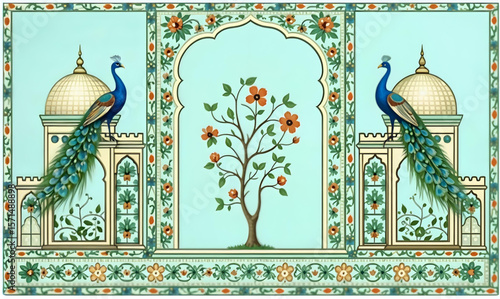 Mughal Wall Art Vector – Traditional Arch, Peacock, Flowering Tree, Dome, and Seamless Ornate Border for Elegant Heritage Decor and Royal Interior Design