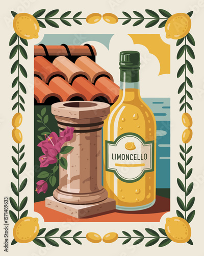 Limoncello Italian summer stamp, bottle and glass, lemons and flowers, Mediterranean travel, vintage vacation, retro vector art