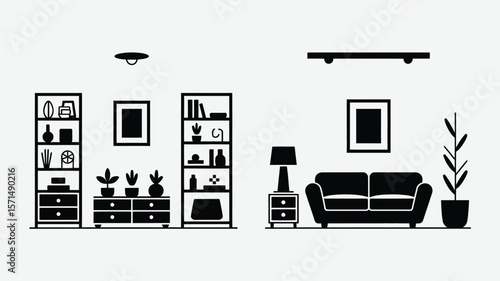 Modern living room interior furnishing with bookshelf, cabinet, sofa, plants, and design elements for contemporary lifestyle concepts.