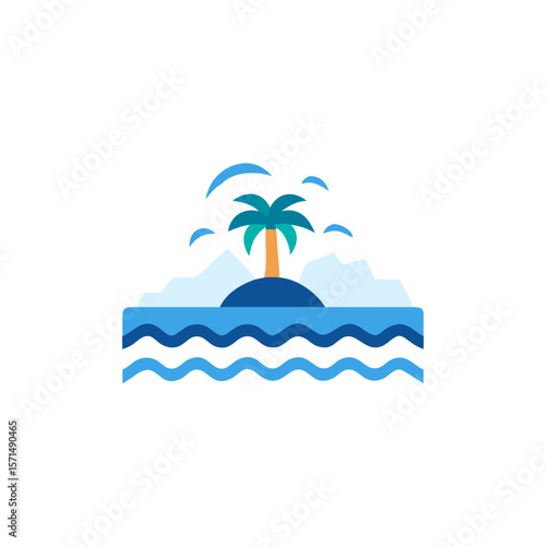 Tropical island with palm trees surrounded by blue waves and gentle ocean, creating a serene and peaceful atmosphere for relaxation and vacation inspiration