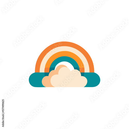 Colorful flat illustration of a vibrant rainbow arching over fluffy clouds, creating a cheerful atmosphere with bright hues and a sense of joy and positivity in the design