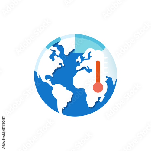 Global warming concept illustrated with a stylized Earth showing a thermometer indicating rising temperatures, symbolizing climate change and environmental awareness in a modern design