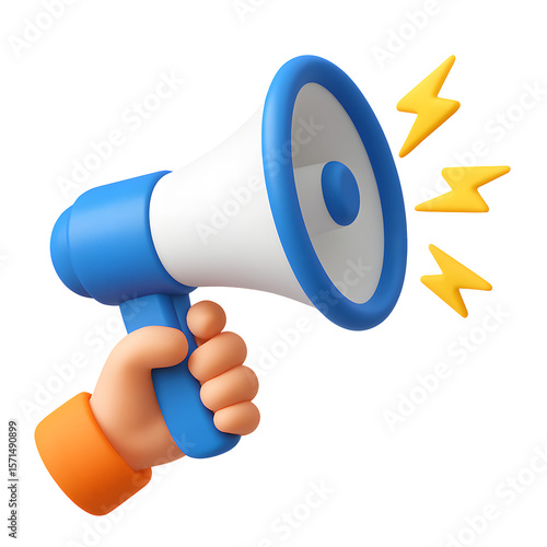 3D blue megaphone icon with human hand and sound waves, isolated on transparent background