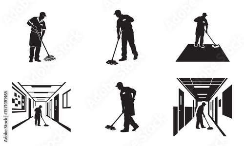 Silhouette of Janitor Mopping School Hallway Alone – Minimal Black on White Vector Illustration

