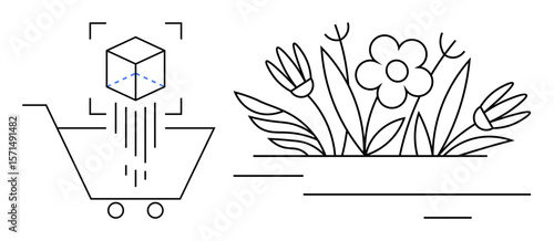 Cube dropping into cart next to blooming flowers. Ideal for e-commerce, sustainability, innovation, logistics, eco-friendly shopping, growth, digital transformation, simple flat metaphor