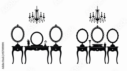 Elegant vanity setups with chandeliers create a luxurious, vintage ambiance, perfect for boudoir decoration or retro styling.