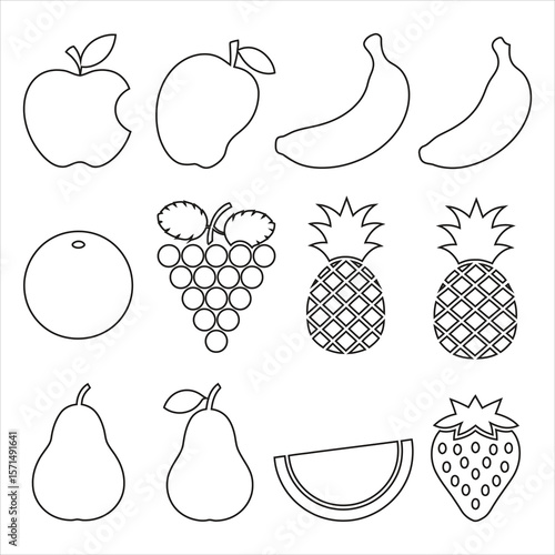 Apple banana orange grapes pineapple pear watermelon strawberry outlines bitten apple