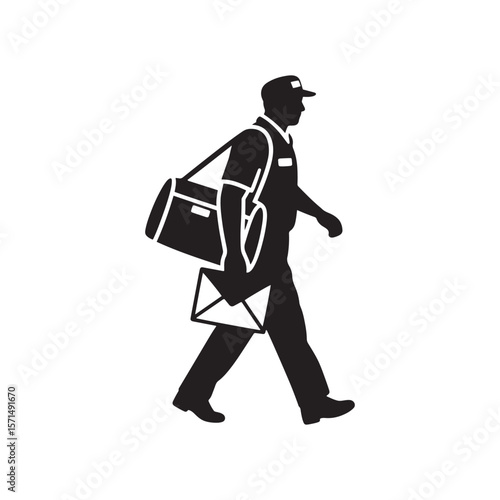 Silhouette of Postal Worker Carrying Mailbag and Envelope – Minimal Black on White Vector