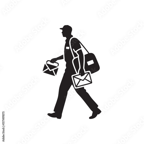 Silhouette of Postal Worker Carrying Mailbag and Envelope – Minimal Black on White Vector