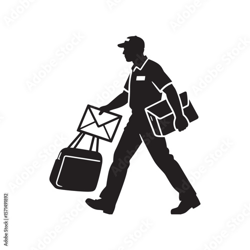 Silhouette of Postal Worker Carrying Mailbag and Envelope – Minimal Black on White Vector