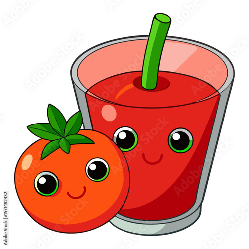 Cute cartoon tomato and glass of tomato juice drink beverage