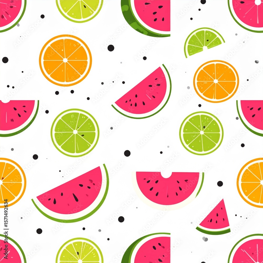Bright Summer Seamless Pattern With Watermelon Orange And Lime Slices Bright Summer Seamless Pattern With Watermelon Orange And Lime Slices