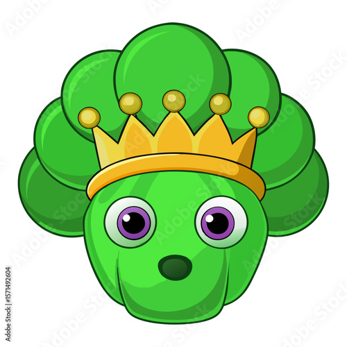 Green broccoli character wearing a golden crown cartoon