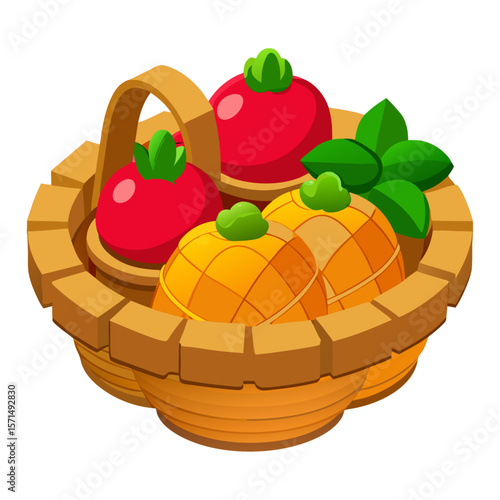 Woven basket filled with red tomatoes and yellow pineapples with green leaves food fruit