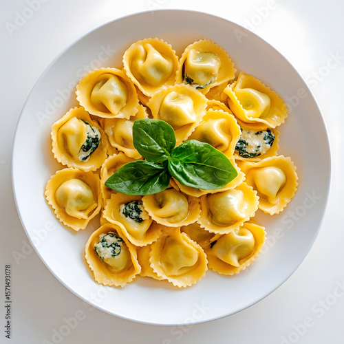 Wallpaper Mural A top-down view of a white plate with delicious tortellini pasta, garnished with fresh basil leaves. Torontodigital.ca