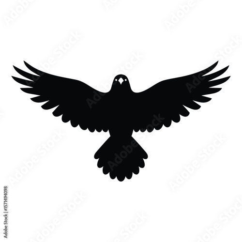 A silhouette of a bird with spread wings flying isolated on white background