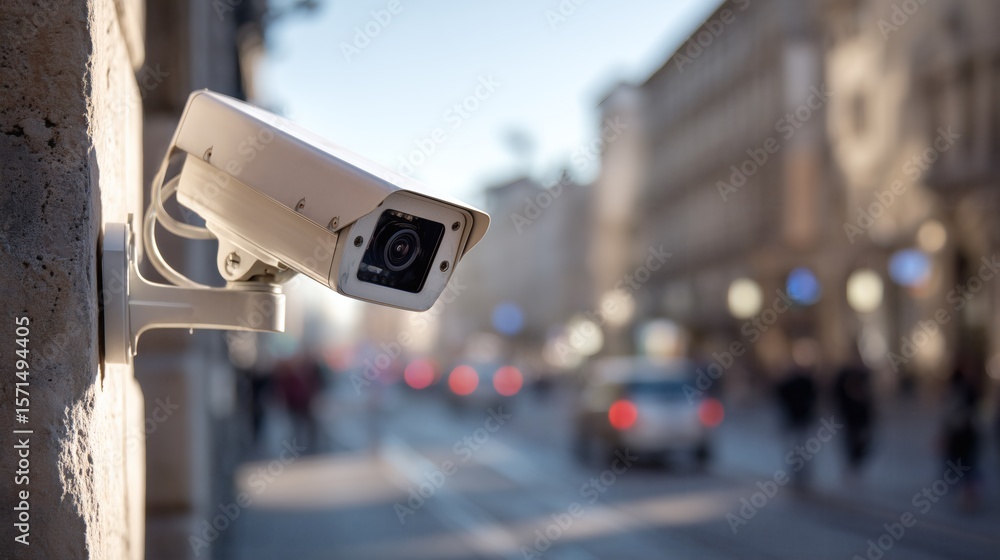 Une caméra de vidéo surveillance filme dans une rue en ville pour protéger des agressions et des vols Une caméra de vidéo surveillance filme dans une rue en ville pour protéger des agressions et des vols