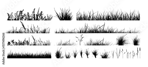 Set of horizontal banners of meadow silhouettes with grass. hand drawn. Not AI, Vector illustration.
