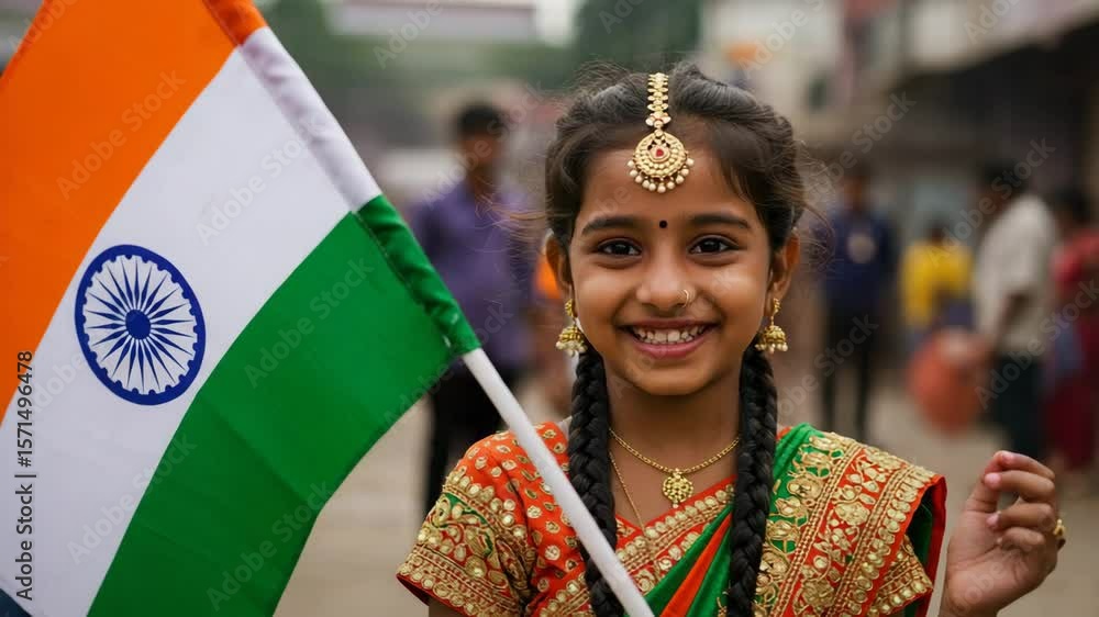 Girl Holding Indian Flag in Colorful Sari
