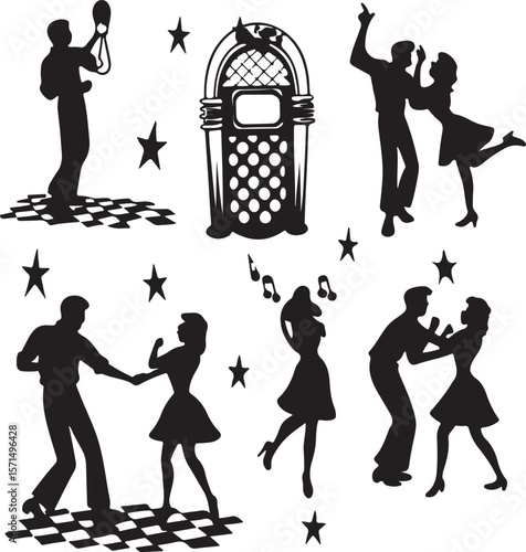 Rock and Roll Dance Party Silhouettes Jukebox Couples Stars Checkered Floor Retro Style Graphics vector