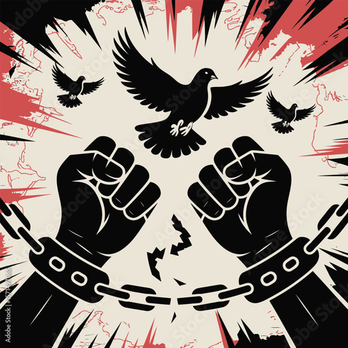 Black fists breaking chains with flying doves over a map background