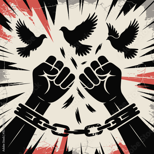 Black fists in chains with doves flying above a distressed background