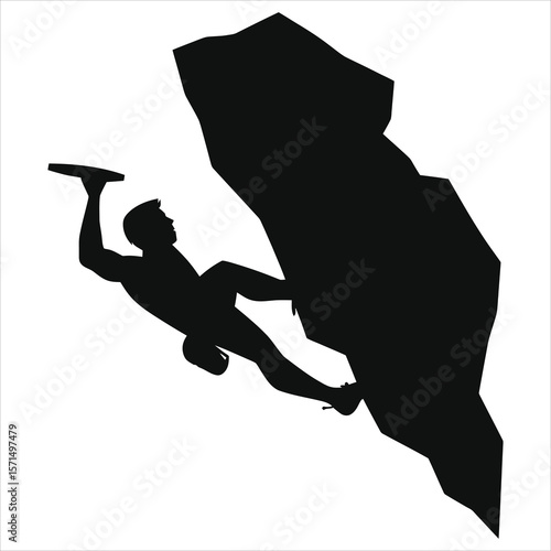 Vector Silhouette of a rock climber scaling a challenging cliff face./A powerful silhouette of a rock climber mid-climb on a rugged cliff face.
